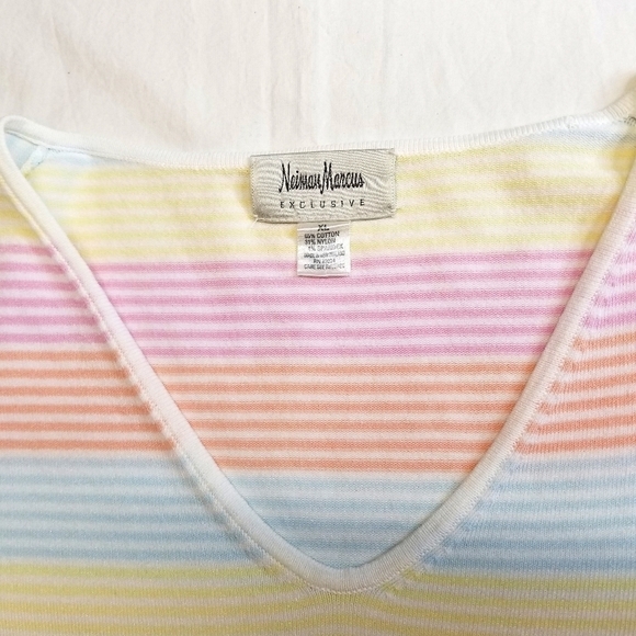 Neiman Marcus Pastel Stripe Longsleeve V-neck Cotton Blend Pullover Top, XL - Picture 5 of 8